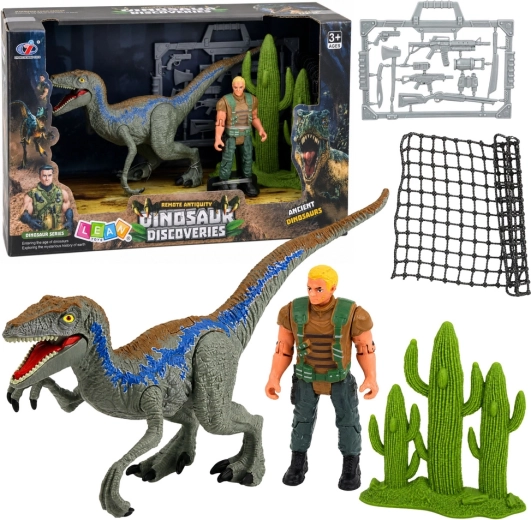 Mozgatható végtagú dinoszaurusz és vadász figura szett hálóval és kiegészítőkkel – 1 db