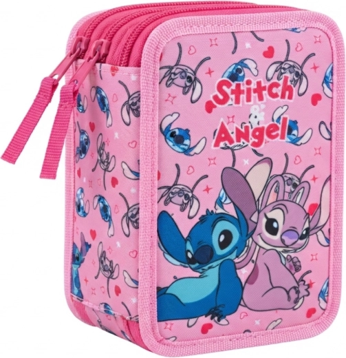 Háromrekeszes, felszerelt iskolai tolltartó Lilo & Stitch Stitch és Angel mintával, rózsaszín