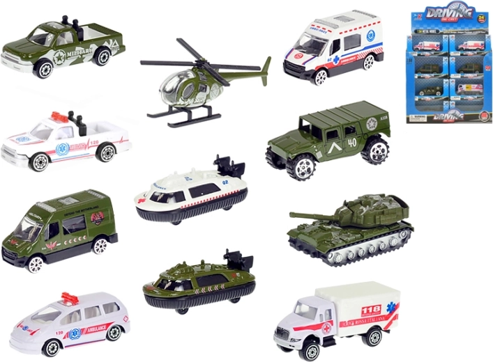 Fém katonai és mentőjárművek 1:64, 7–8 cm, szabadonfutó