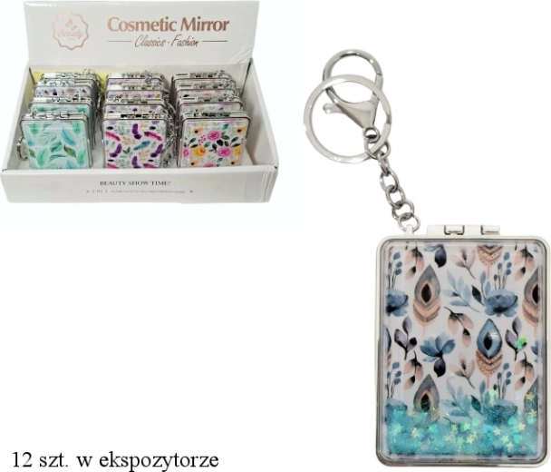 Lányoknak szánt zsebtükör kulcstartóval – téglalap alakú, toll vagy virág motívummal
