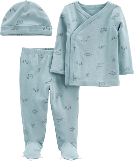 Carter’s 3 részes újszülött szett Blue Dino – hosszú ujjú átkötős felső, rugdalózó nadrág és sapka