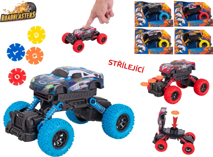 Roadblasters autó nagy kerekekkel – 17 cm-es fém modell lendkerekes meghajtással és koronglövéssel