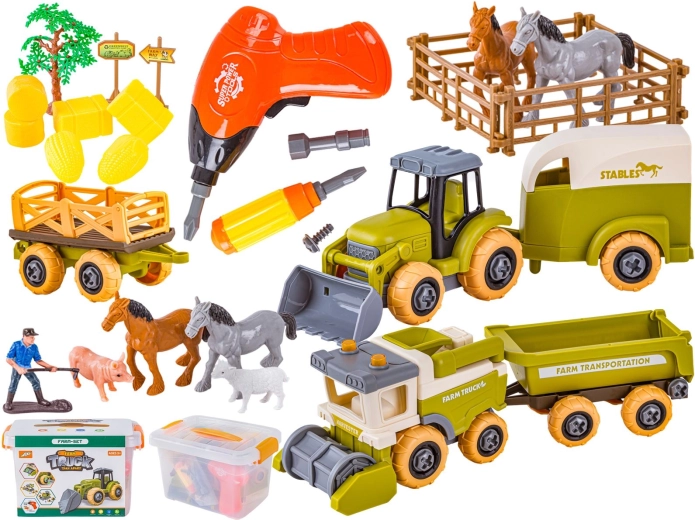 Összeszerelhető mini farm – traktor és kombájn csavarhúzóval és állatkákkal