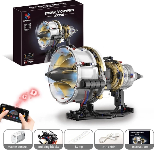 Turbina (turbojet) motor építőkészlet USB tápellátással és LED világítással, 564 darab