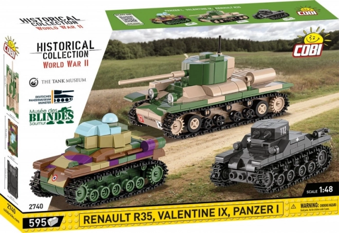 Történelmi műanyag tank építőkészlet Renault R35, Valentine IX, Panzer I