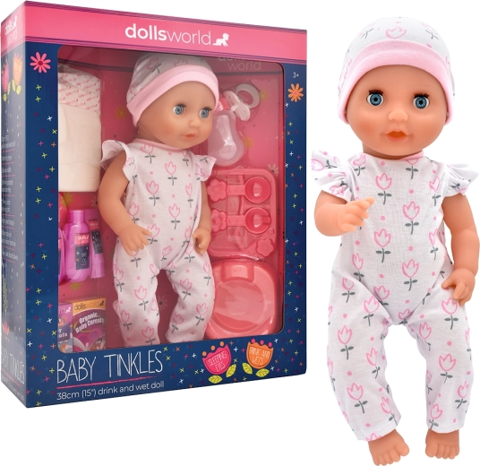 Dolls World Baby Tinkles baba 38 cm ivó és pisilő funkcióval, kiegészítőkkel