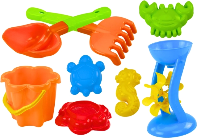 Színes homokozó játék készlet malommal és formákkal