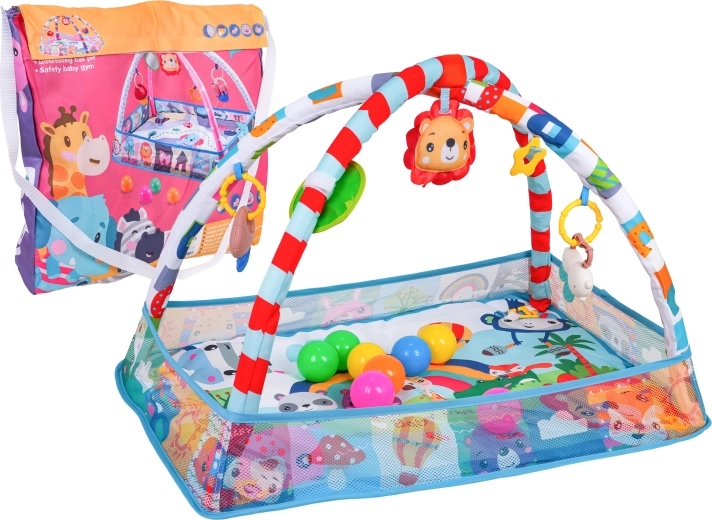 Gyermek játszószőnyeg és száraz labdamedence játékhíddal és függő játékokkal