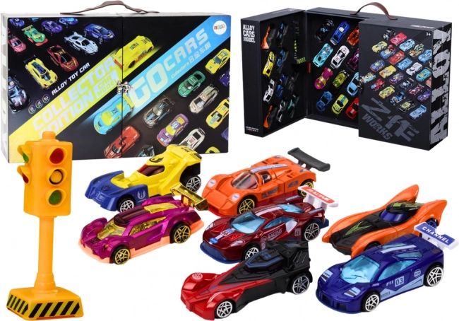 Versenyautók bőröndben, jelzőlámpákkal