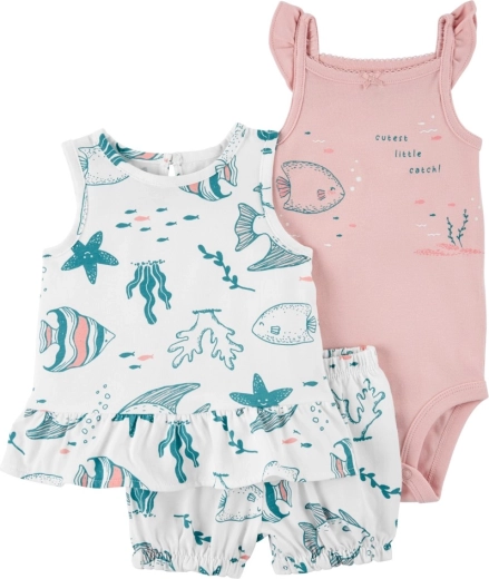 Carter's 3 részes szett lányoknak Pink Ocean – ujjatlan felső, rövidnadrág és ujjatlan body (9 hó)