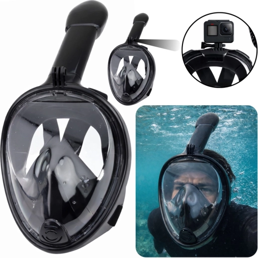 Teljes arcot fedő snorkelmaszk 180°-os panorámás kilátással és páramentesítő rendszerrel, fekete L/XL