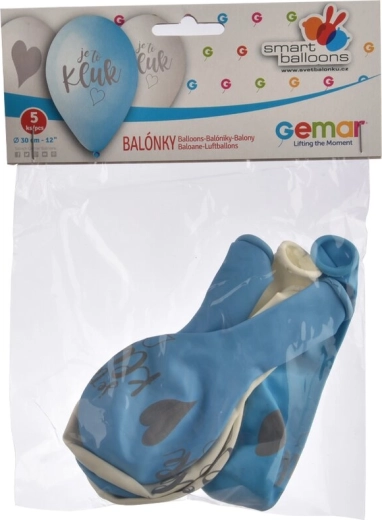 Latex lufik „Fiú” felirattal kék-fehér 30 cm (5 db)