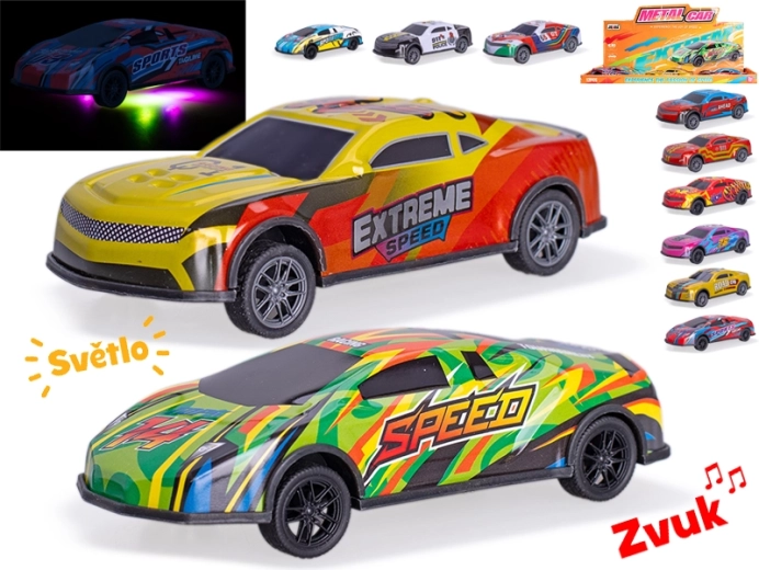Fém versenyautó 12,5 cm, fényekkel és hangokkal, felhúzós visszahúzós meghajtás
