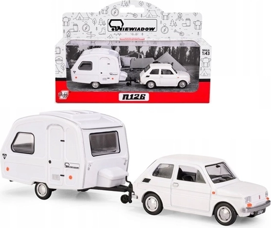 Fiat 126p Niewiadów N126 lakókocsival, fehér, 1:43-as modell