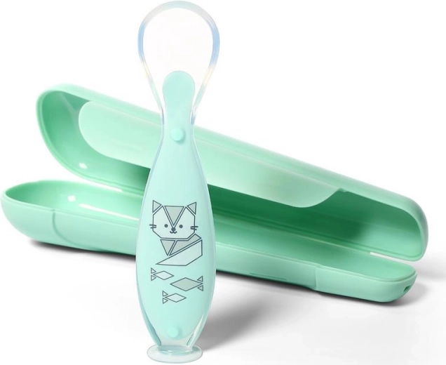 BabyOno szilikon kanál tapadókoronggal és utazótokkal, menta, 6 hó+