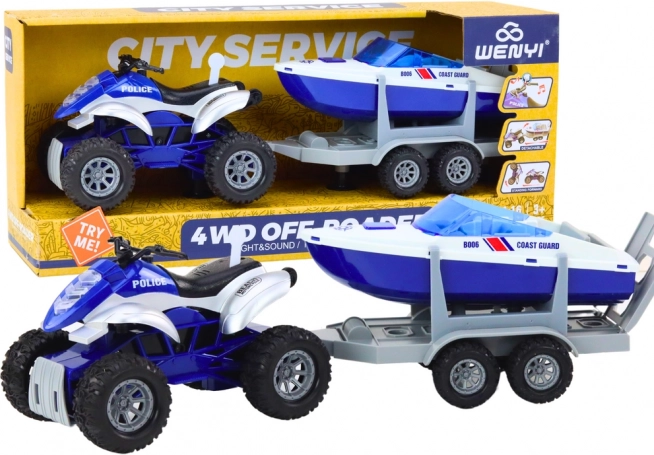 Rendőrségi quad utánfutóval és motorcsónakkal