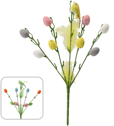Húsvéti ágacska madárral és tojásokkal pálcán, 30 cm