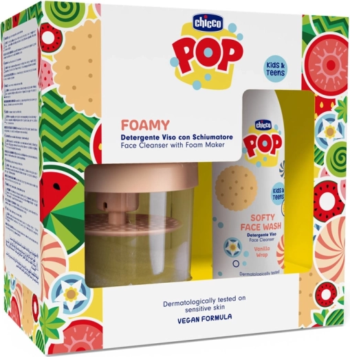 Chicco POP Softy gyengéd arctisztító gél Vanilla Wrap 150 ml habosító flakonnal