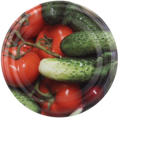 66 mm-es fém befőzős tetők, uborka és paradicsom mintával, 10 db