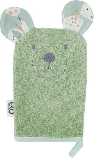 EKO pamut mosdókesztyű fülekkel Bear, olívazöld, 20 × 15 cm