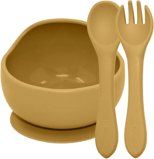 Petite&Mars szilikon étkezőkészlet Take&match – tapadókorongos tál és evőeszköz intense ochre 6h+