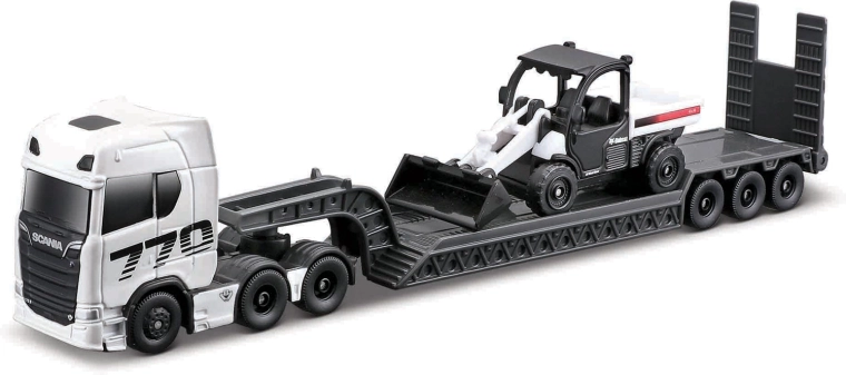 Maisto mini munkagépek készlet nagy Scania 770S nyerges vontatóval, Toolcat 5600-zal és kanállal