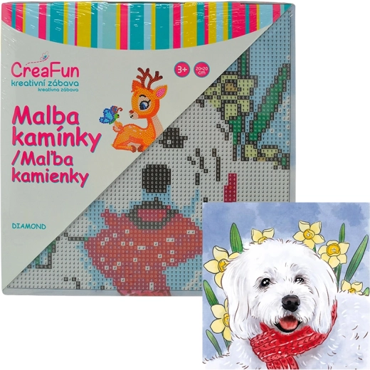 Gyémántfestés – fehér kutya 20 × 20 cm