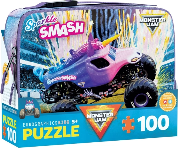 MONSTER JAM Sparkle Smash 100 darabos puzzle uzsonnás cipzáras dobozban