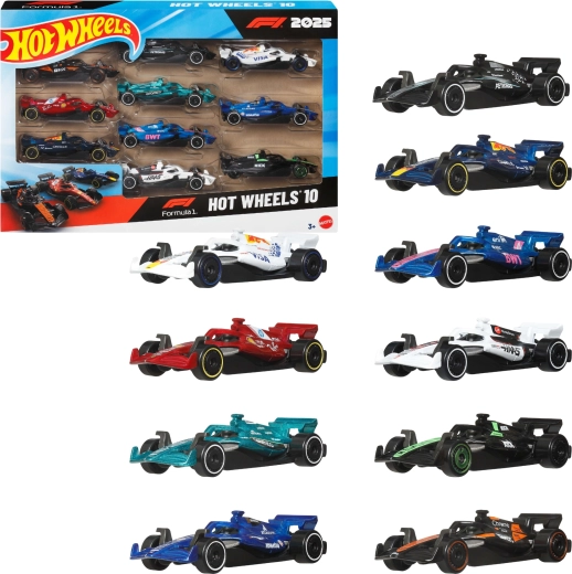 Hot Wheels Forma-1 2025 versenyautó készlet, 10 db, 1:64 méretarányban - 10 db