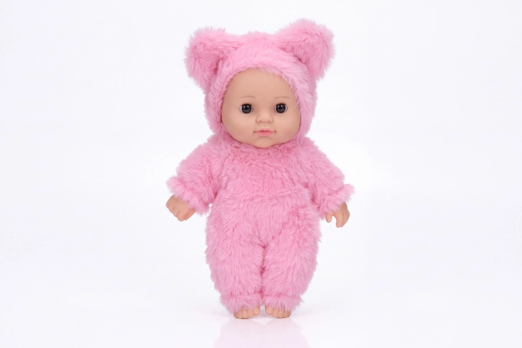 Világos rózsaszín, bundácskába öltöztetett baba, 19 cm