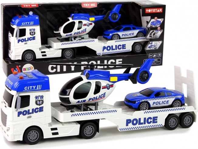 Rendőri készlet: vontató, autó és helikopter hang- és fényhatásokkal