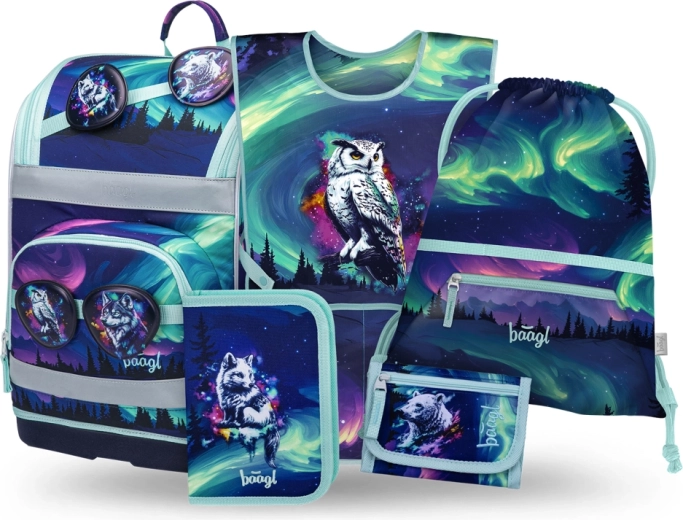 BAAGL Zippy Plus Aurora iskolai szett – iskolatáska, tolltartó, tornazsák és nyakba akasztható pénztárca újrahasznosított anyagokból