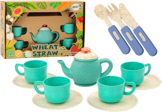 Gyerek edénykészlet csészékkel, tányérokkal, evőeszközökkel és kannával 22 darab