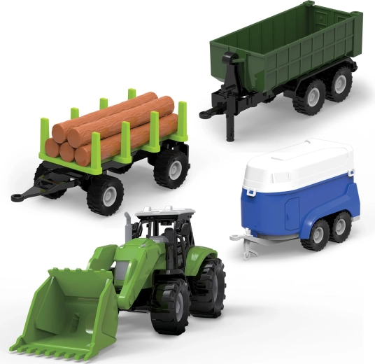 FARM SERVICE szett traktorral rakodóval, platós kocsikkal és utánfutóval fényekkel és hangokkal