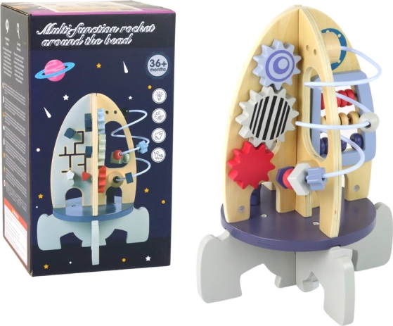 Fából készült oktatórakéta gyöngylabirintussal és fogaskerekekkel