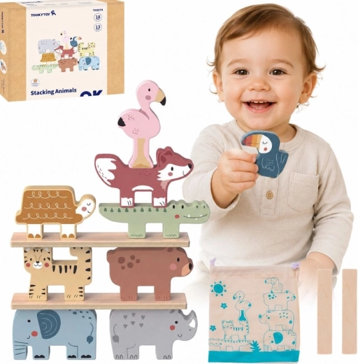 Fa egyensúlyozó játék állatkákkal TOOKY TOY, 13 darabos