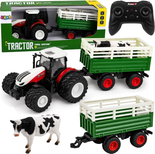 RC mezőgazdasági traktor pótkocsival és tehénfigurával 1:24