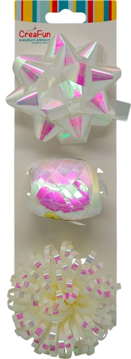 Ajándék szett fehér, szivárványosan fényes – 10 m szalag és 2 masni