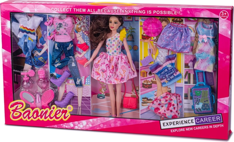 Divatbaba 29 cm ruhákkal és kiegészítőkkel