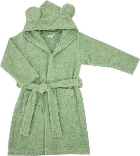 Gyermek pamut kapucnis köntös fülecskékkel, olíva