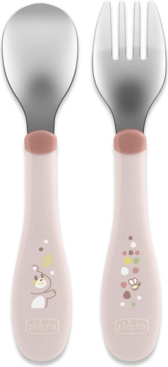 Chicco rozsdamentes acél gyerek evőeszköz rózsaszín (18 hónapos kortól)