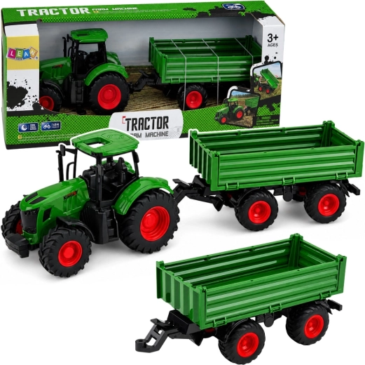Zöld farmtraktor pótkocsival 1:24 méretarányban, gumikerékkel