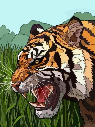 Szám szerinti festés – üvöltő tigris a fűben, 40 × 50 cm