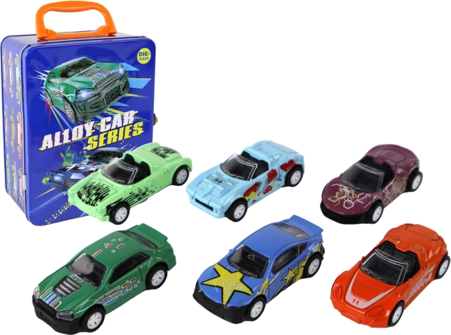 Fém kisautók súrlódó meghajtással, bádog bőröndben 1:64, 6 db