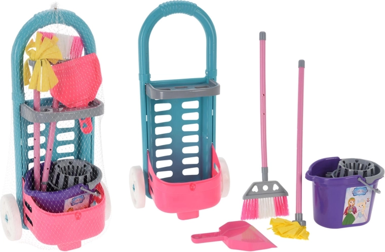 Gyerek takarítókészlet gurulós kocsival, 6 részes műanyag