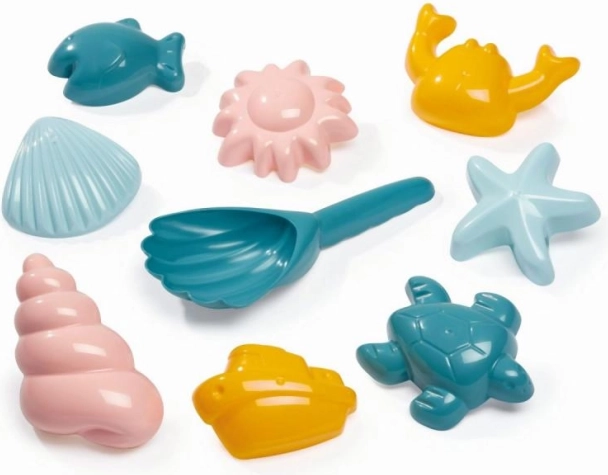 Tengeri motívumú homokformák készlete és kagyló alakú lapát