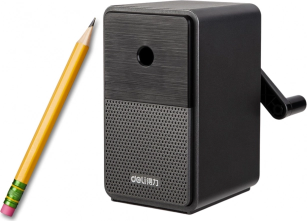 Kézi hajtókaros ceruzahegyező tartállyal és állítható éllel – fekete