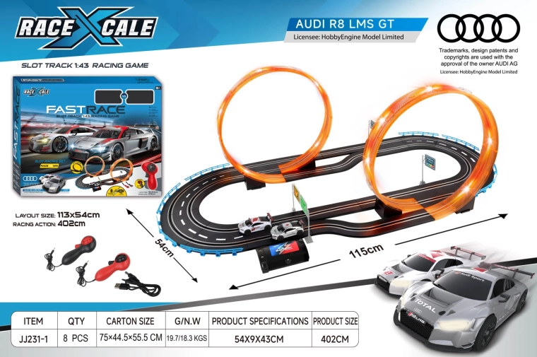 Audi R8 távirányítós versenyautópálya 1:43 méretarányban, 115 × 54 cm