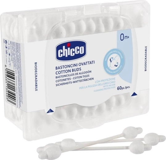 Chicco anatómiai formájú fültisztító pálcikák, 100% pamut, 60 db