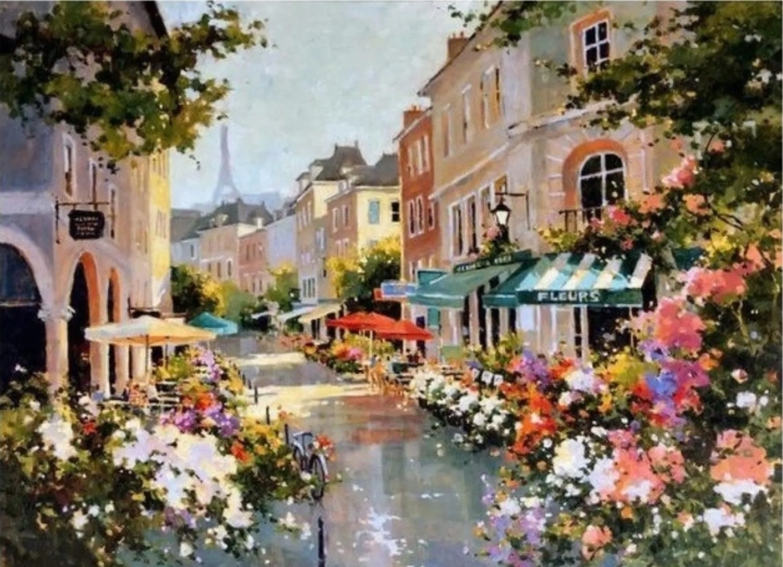 Norimpex számfestő készlet – Virágos párizsi utca, 40 × 50 cm